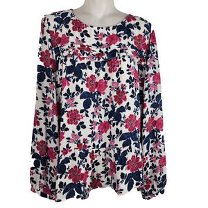 Loft Women Blouse Floral Ruffle Peplum Pink Blue Long Sleeve XL Feminine Cottage